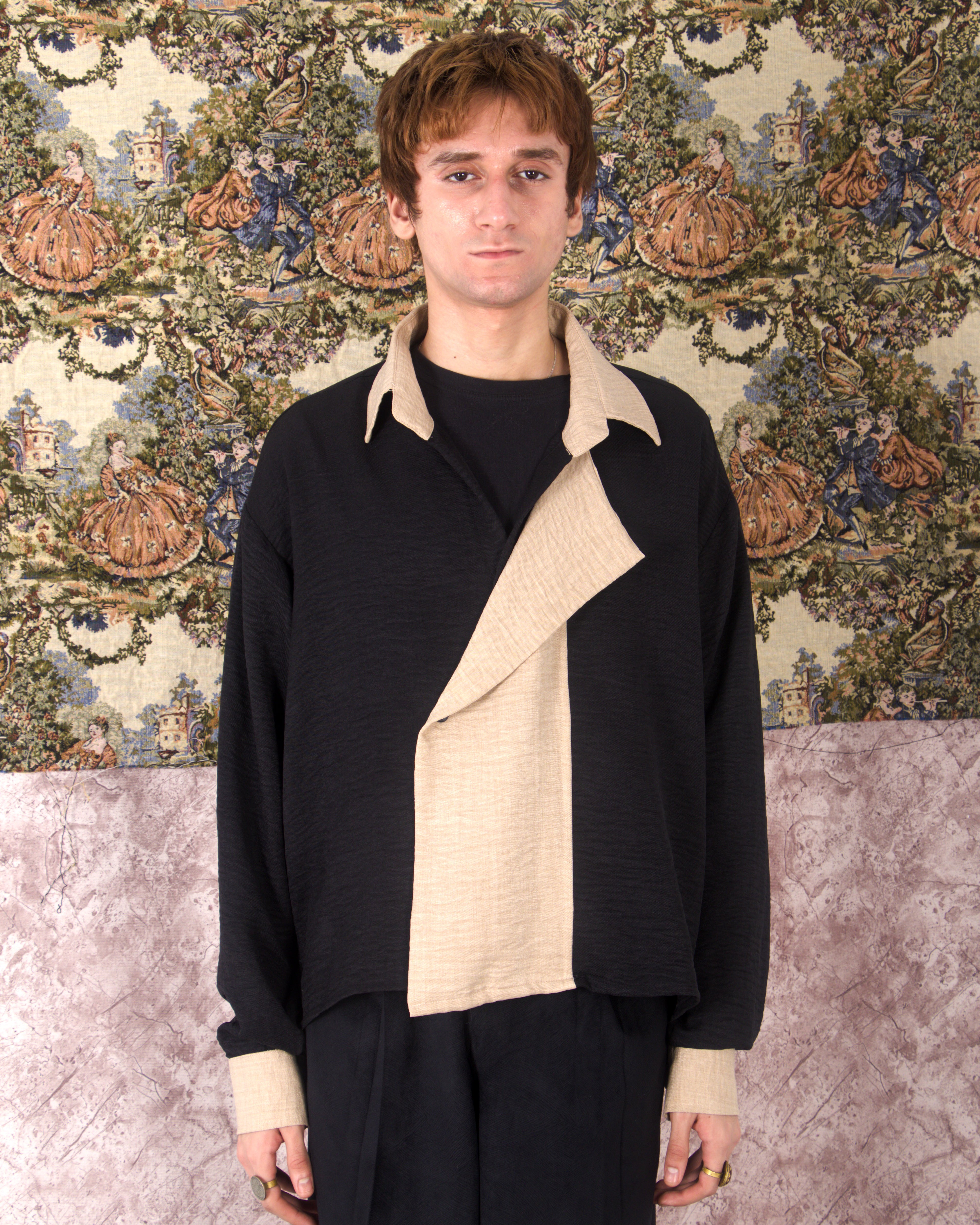 LONG SLEEVE CROSS COLLAR SHIRT: CHARCOAL & SAND