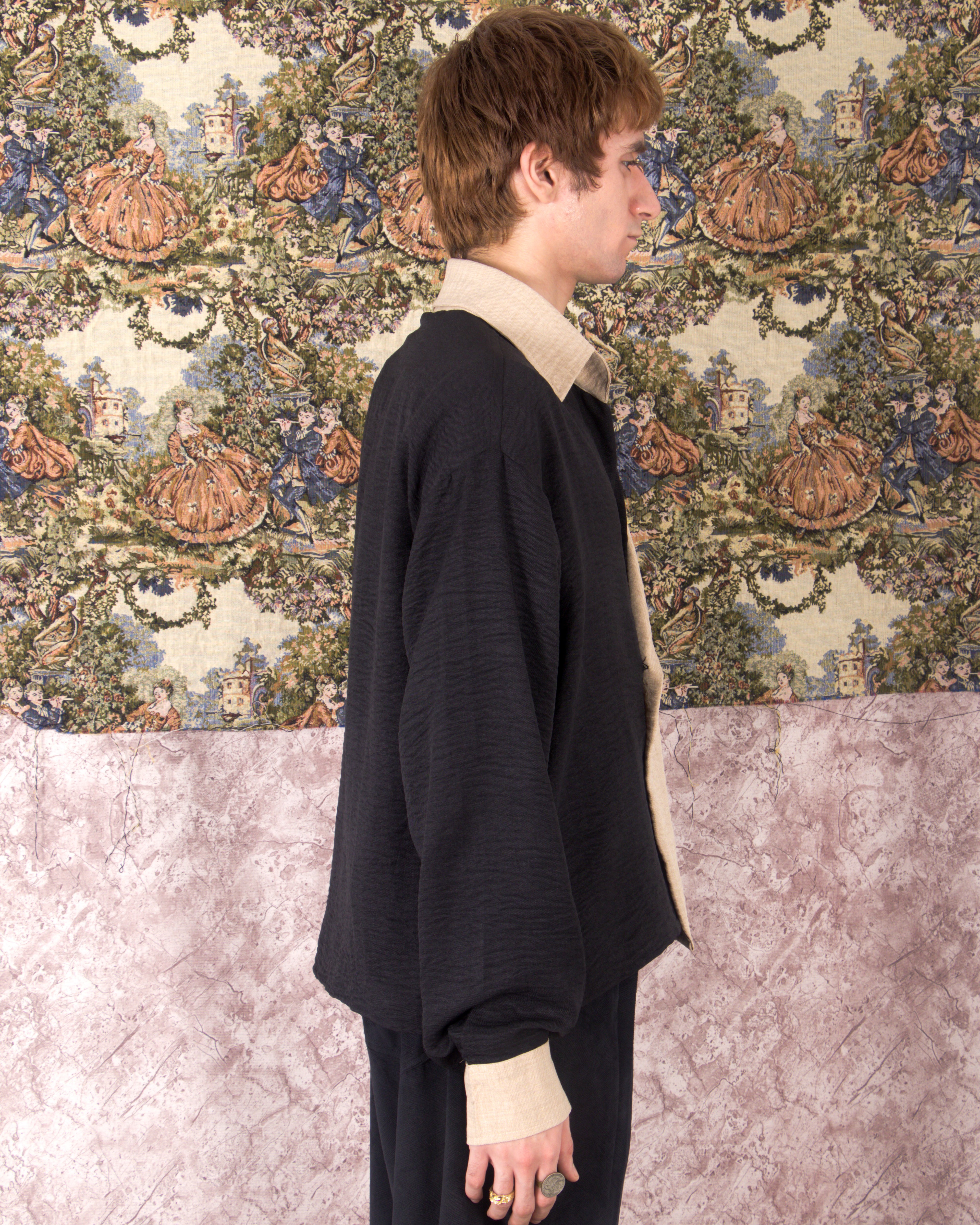 LONG SLEEVE CROSS COLLAR SHIRT: CHARCOAL & SAND