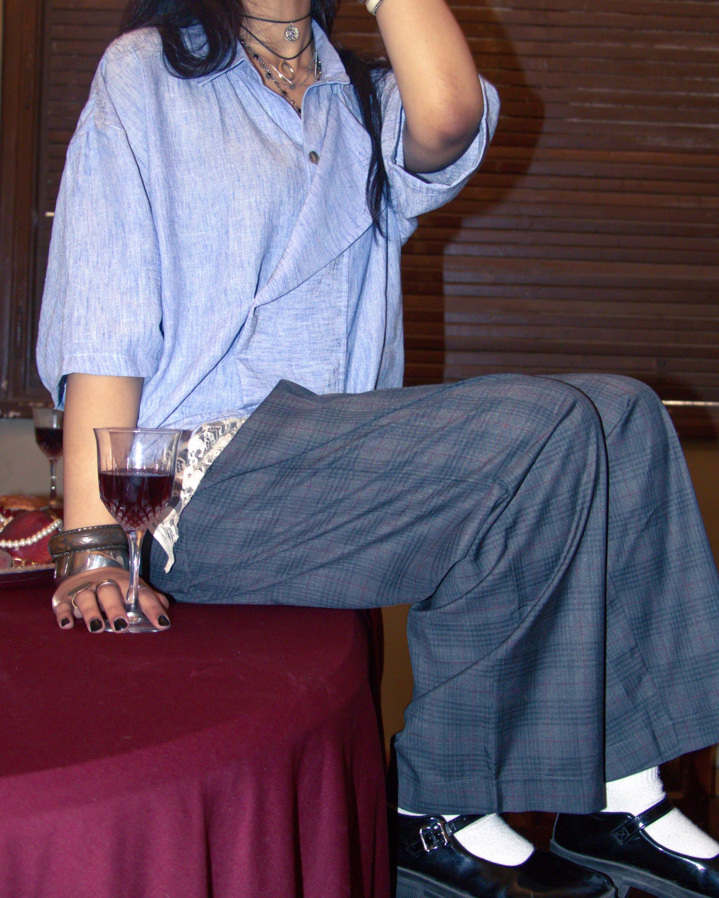 ASH-GRID DOUBLE PLEATED PANTS