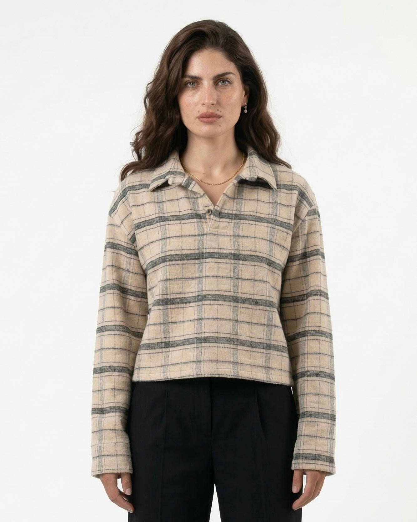 LONG SLEEVE POLO: STONE GRID