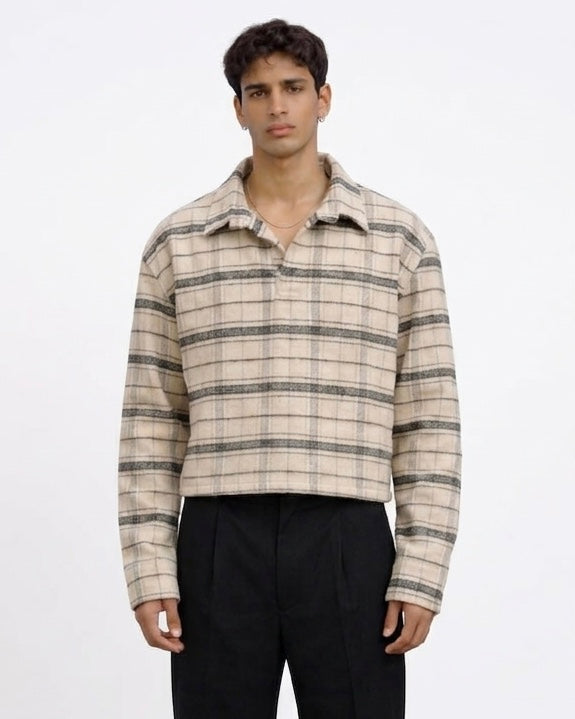 LONG SLEEVE POLO: STONE GRID