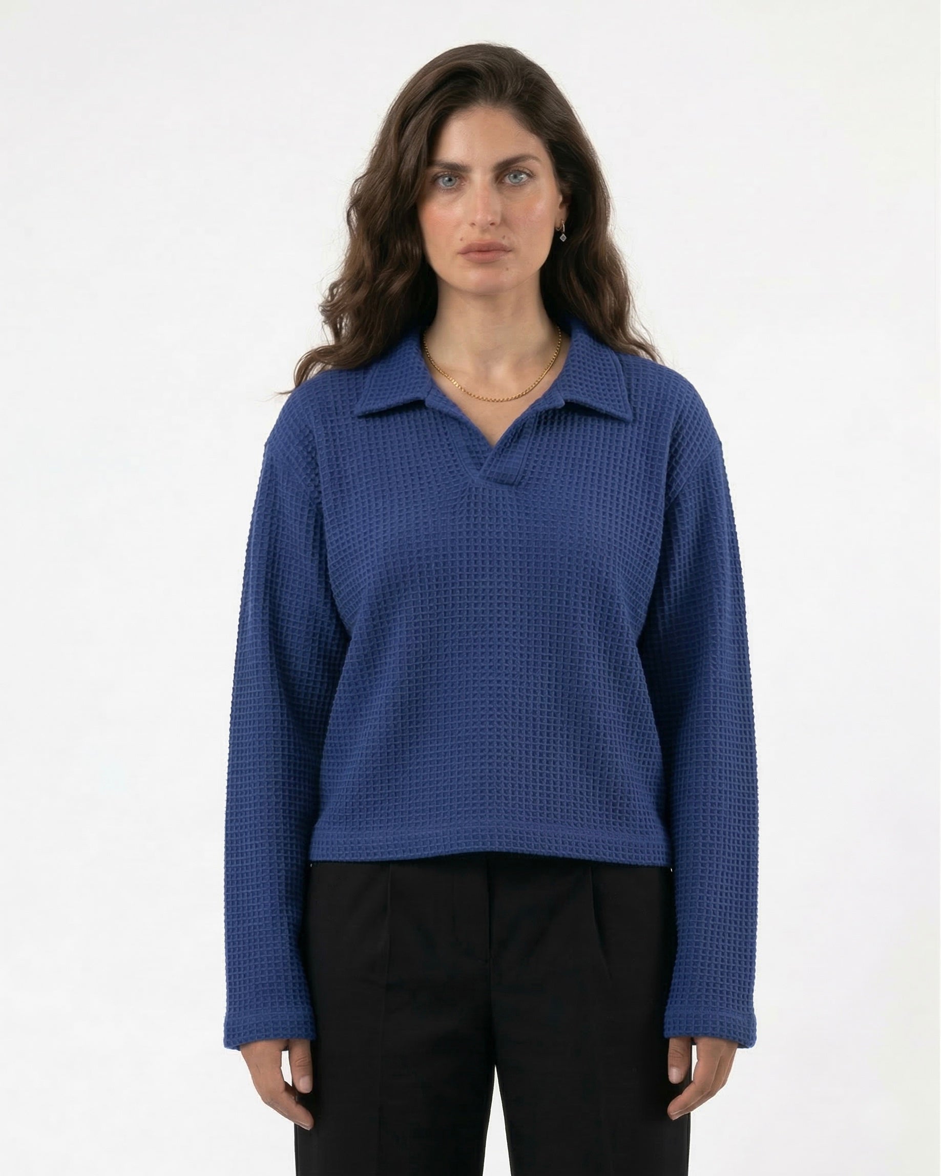WAFFLE KNIT POLO: BLUE HOUR