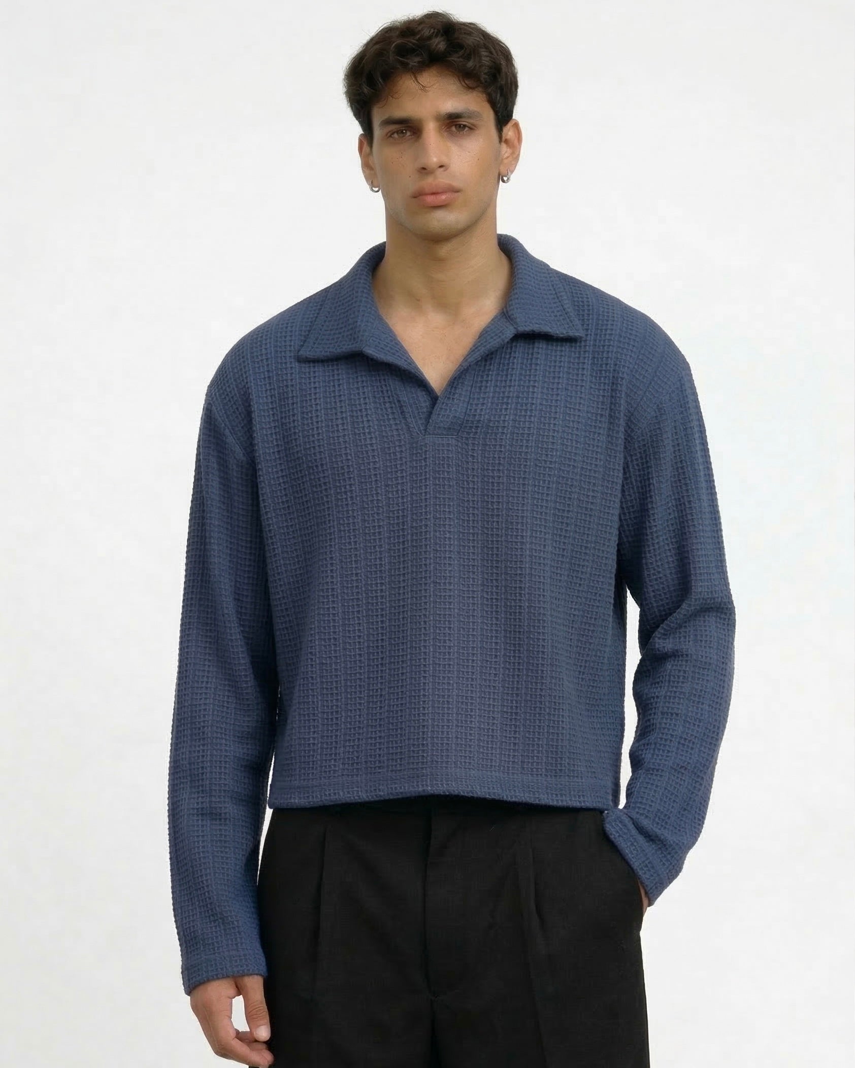WAFFLE KNIT POLO: BLUE HOUR