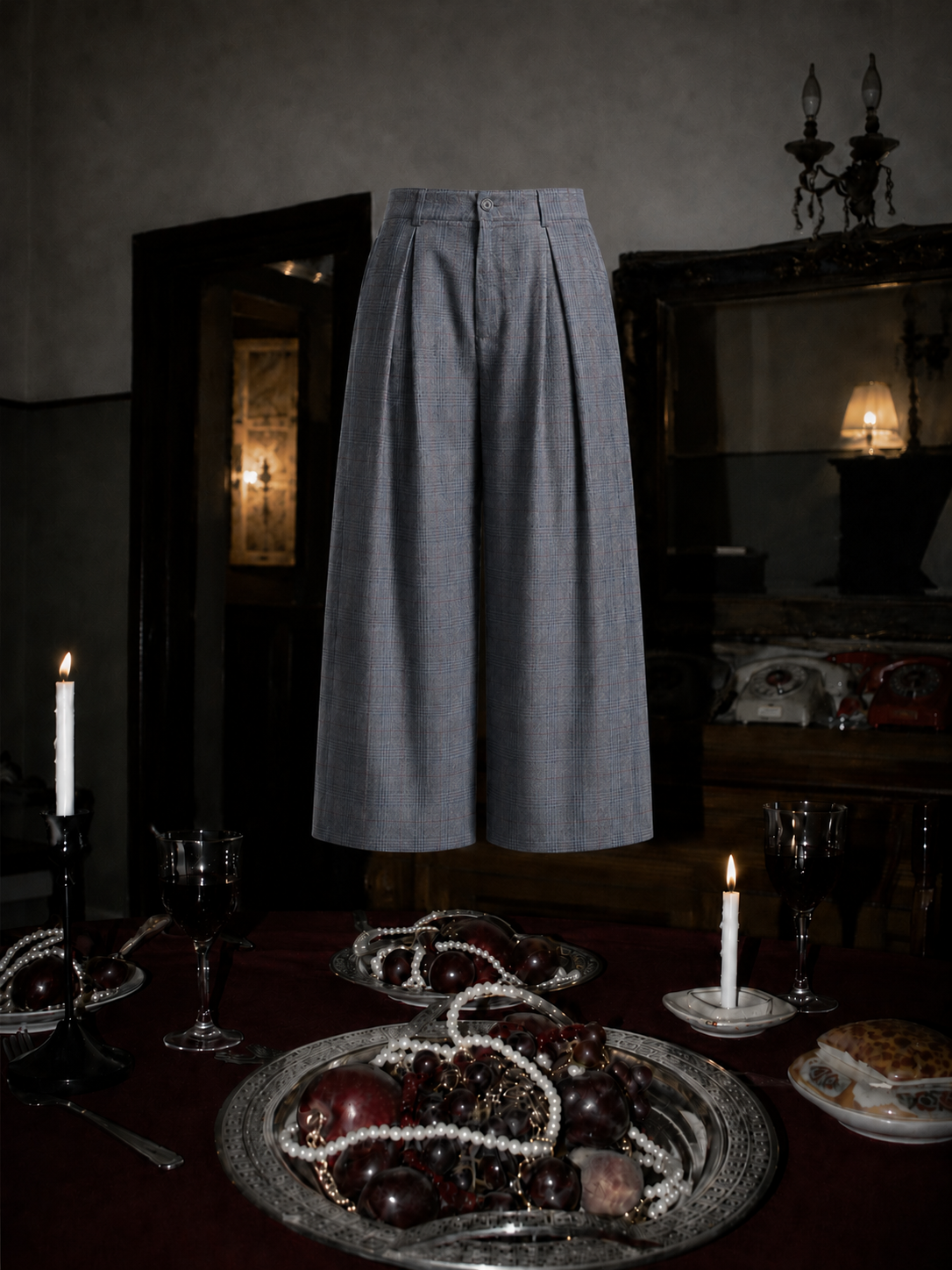 ASH-GRID DOUBLE PLEATED PANTS
